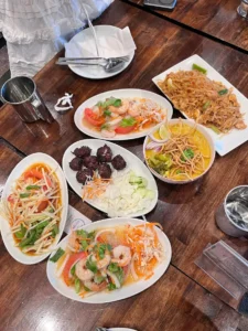Variety of colorful Thai dishes